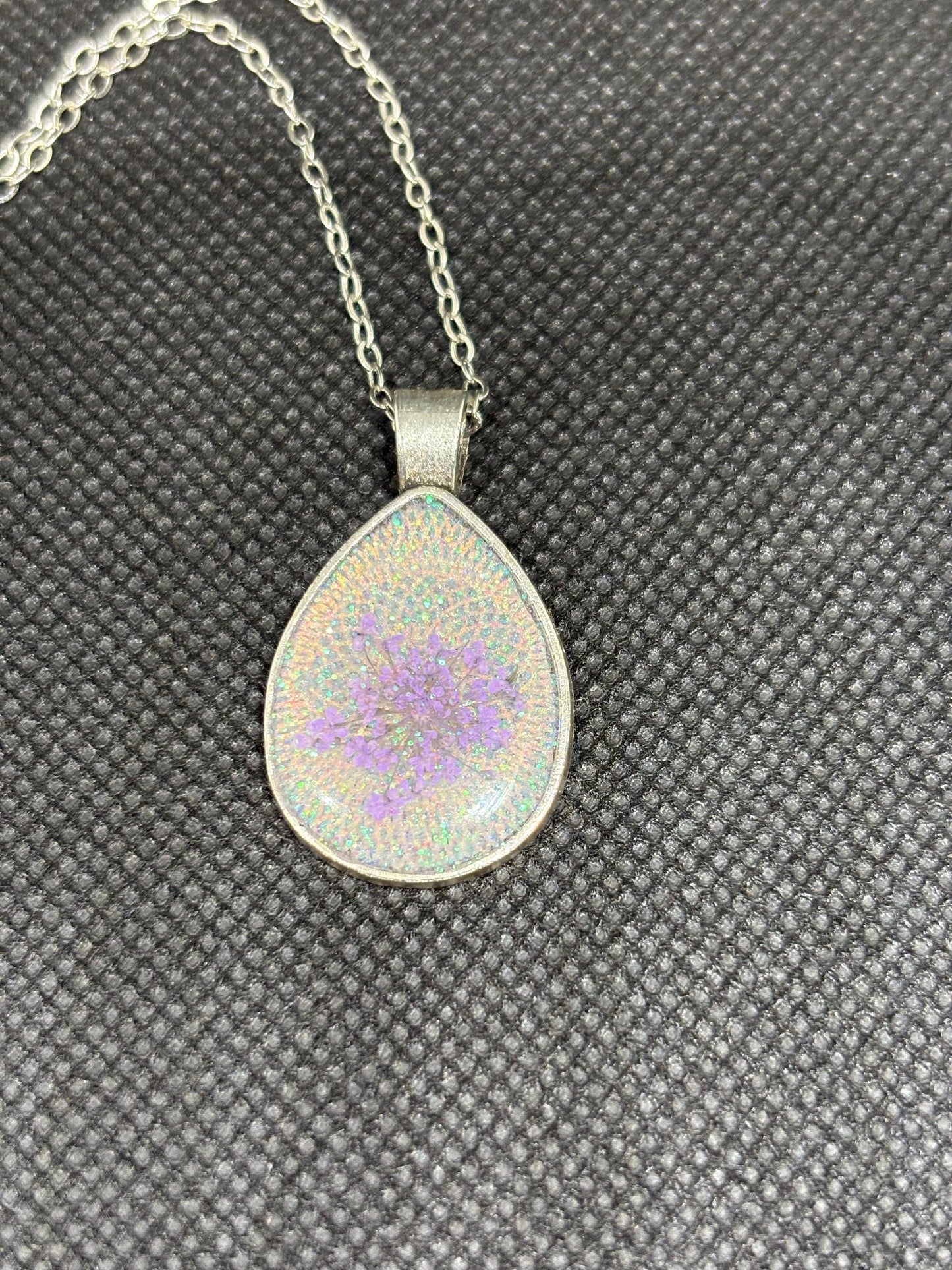 Pressed purple Wildflower white Resin Necklace: Pewter Teardrop Silver Minimalist Pendant Necklaces Consecrated Jewelry Co.