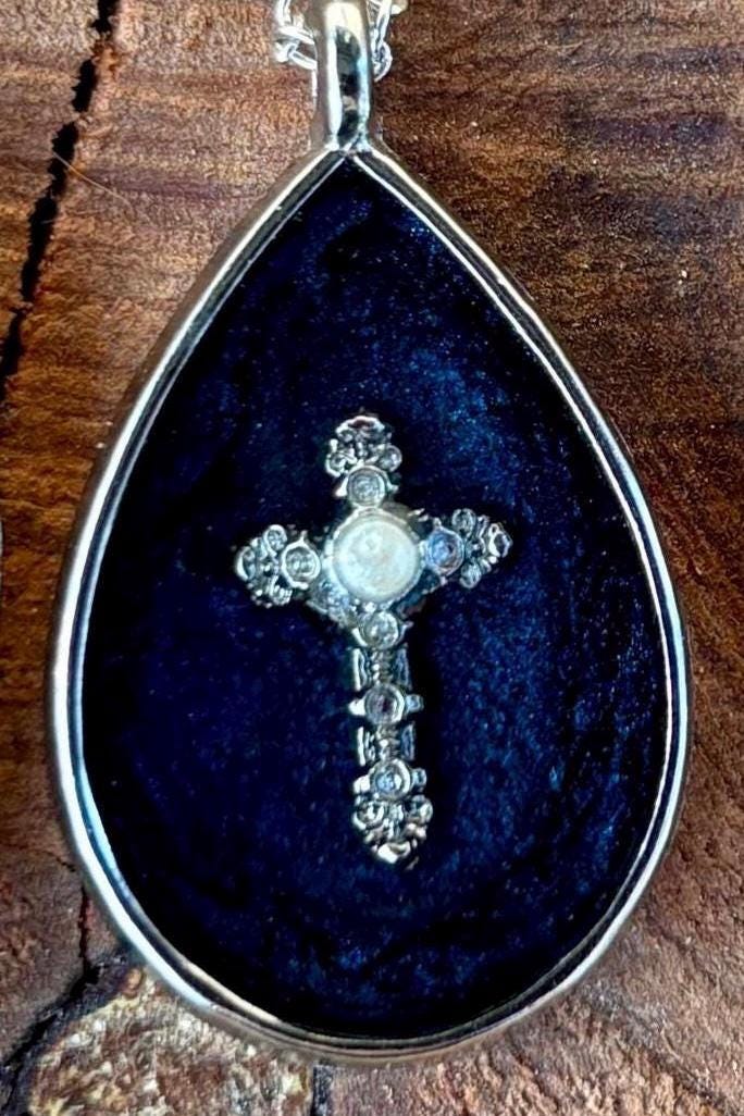 Turquoise and Navy Blue Resin Gemstone and White Pearl Cross Necklace: Silver-Plated Christian Jewelry Necklaces Consecrated Jewelry Co.