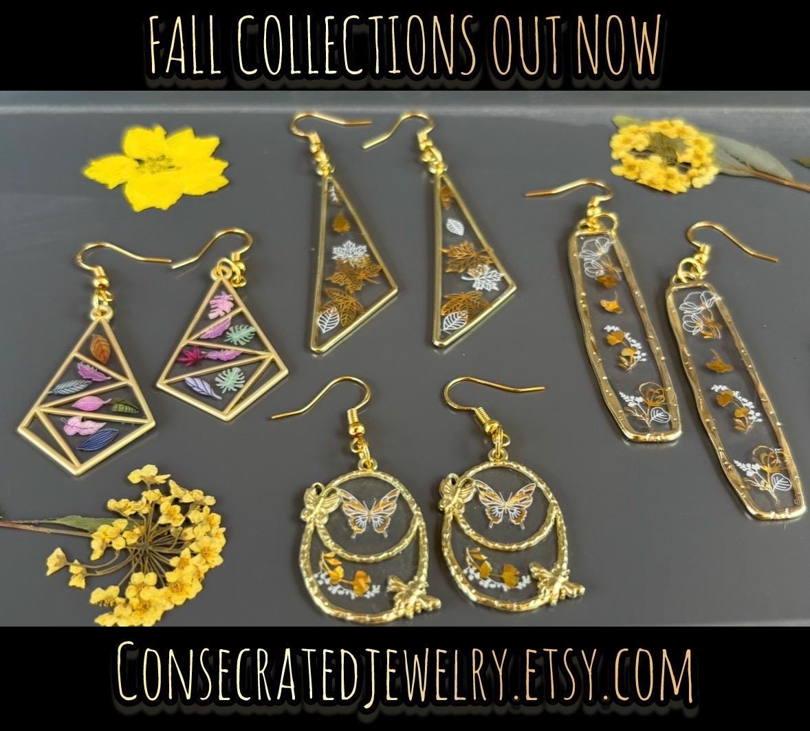 Gold Triangle Dangle Earrings: Handmade Resin Autumn Botanical Cottagecore Jewelry Earrings Consecrated Jewelry Co.