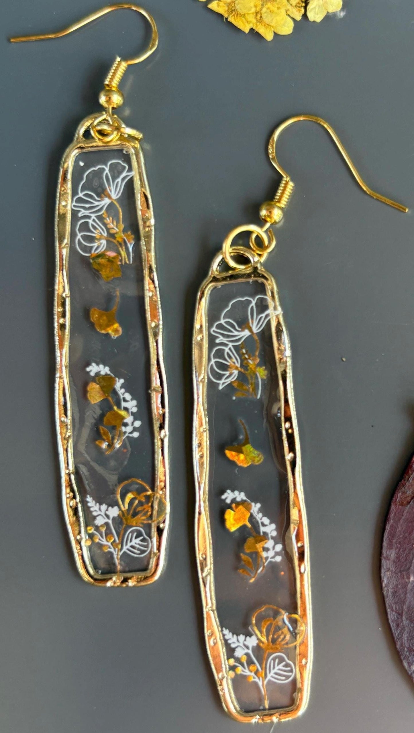 Gold and White Botanical Resin Dangle Earrings: Handmade Pressed Flower Jewelry Earrings Consecrated Jewelry Co.