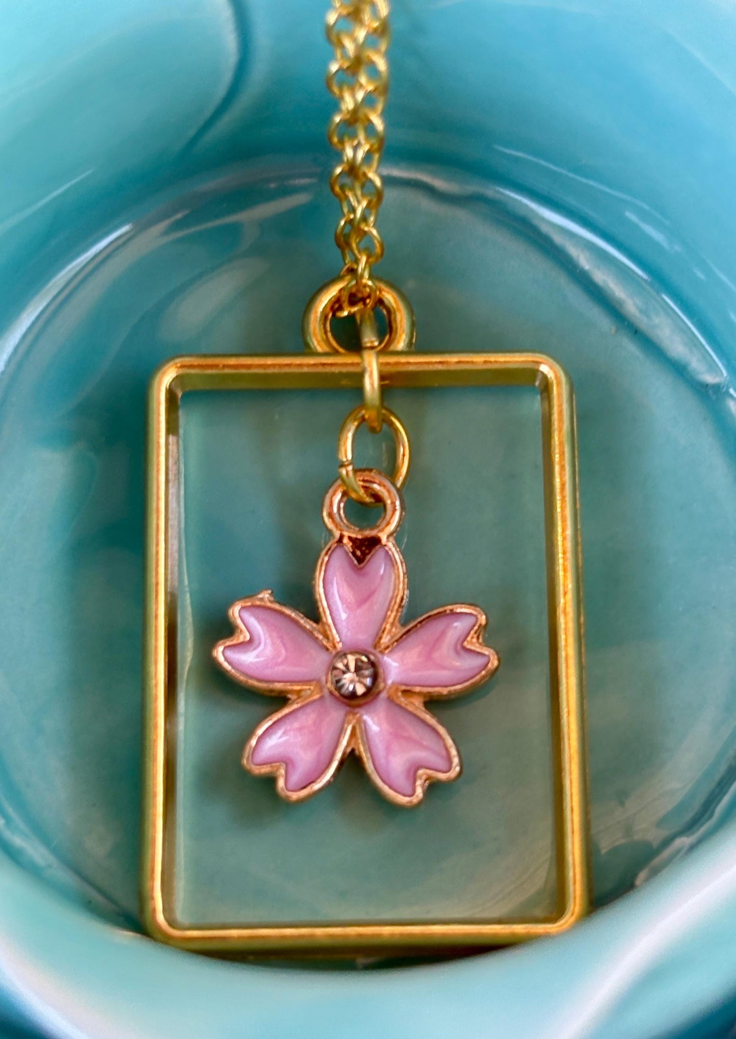 Gold Square Frame Pendant Necklace: Pink Flower Charm with Crystal Accent Necklaces Consecrated Jewelry Co.