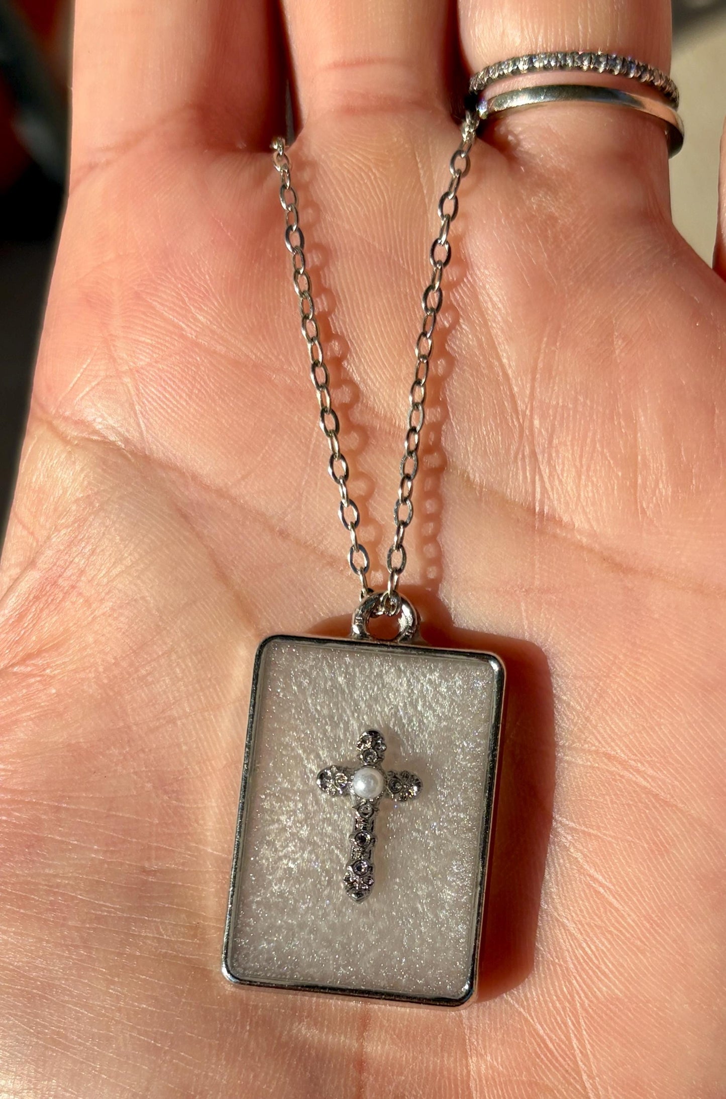 Iridescent Resin Cross Necklace: Sterling Silver, Pearl Gemstone - Handmade Christian Faith Jewelry Necklaces Consecrated Jewelry Co.