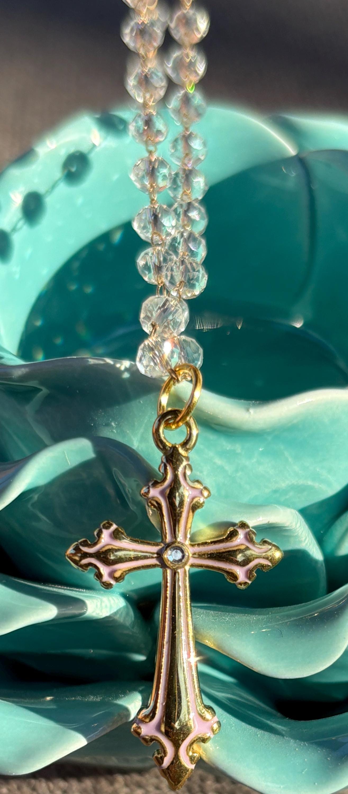 Gold and White Cross Necklace: Clear Beaded Christian Faith Inspired Jewelry Necklaces Consecrated Jewelry Co.