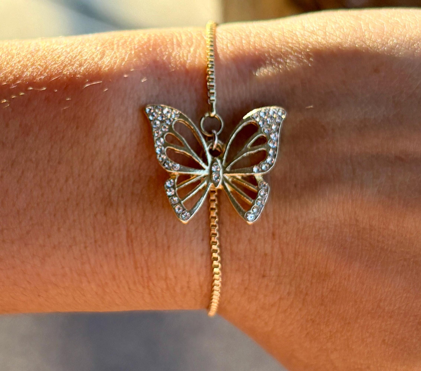 Gold and Gemstone Butterfly Charm Bracelet: Gemstone Accents, Adjustable Chain Bracelets Consecrated Jewelry Co.