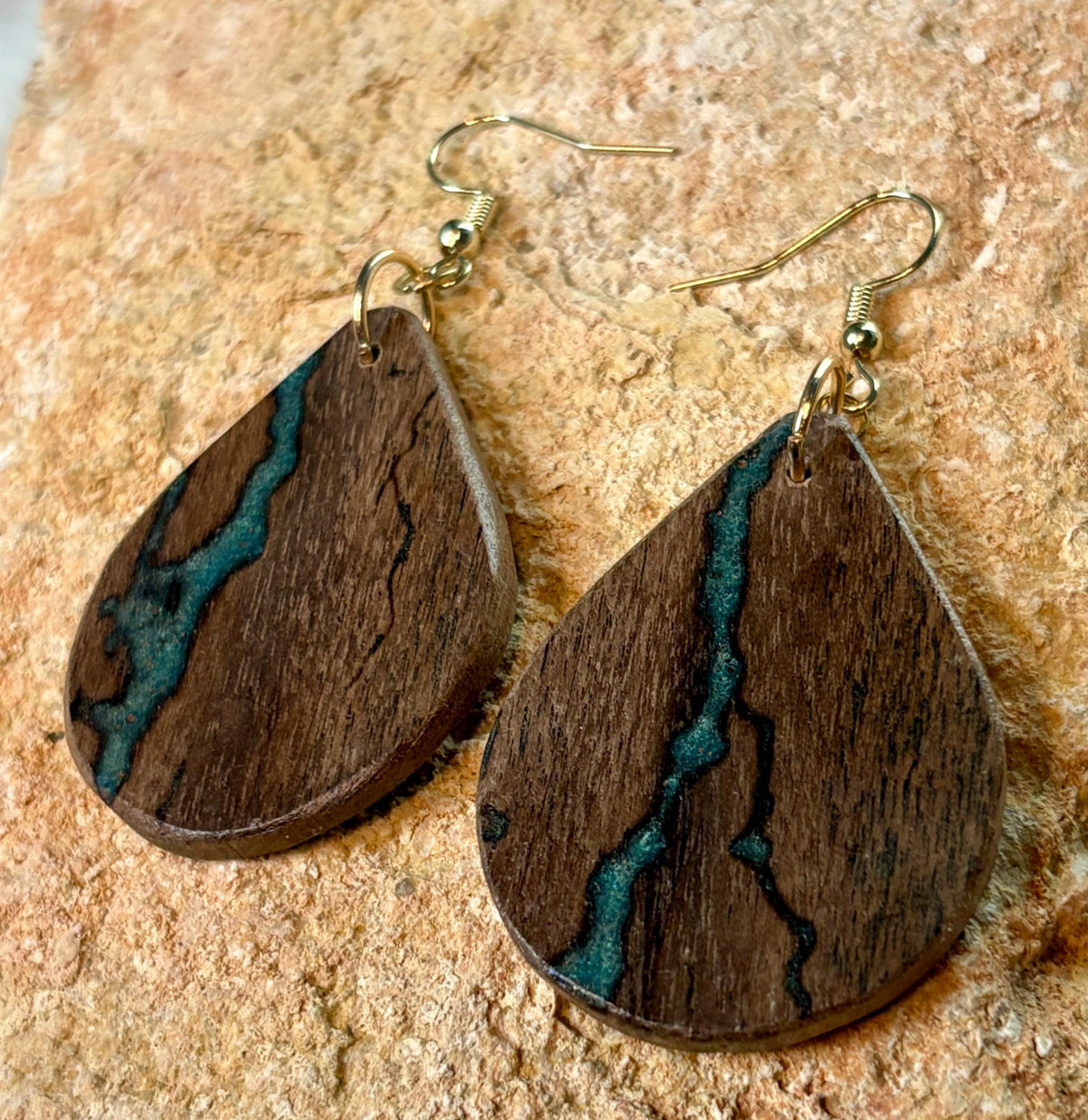 Black Walnut Teardrop Earrings | Teal Resin Inlay Boho Wood