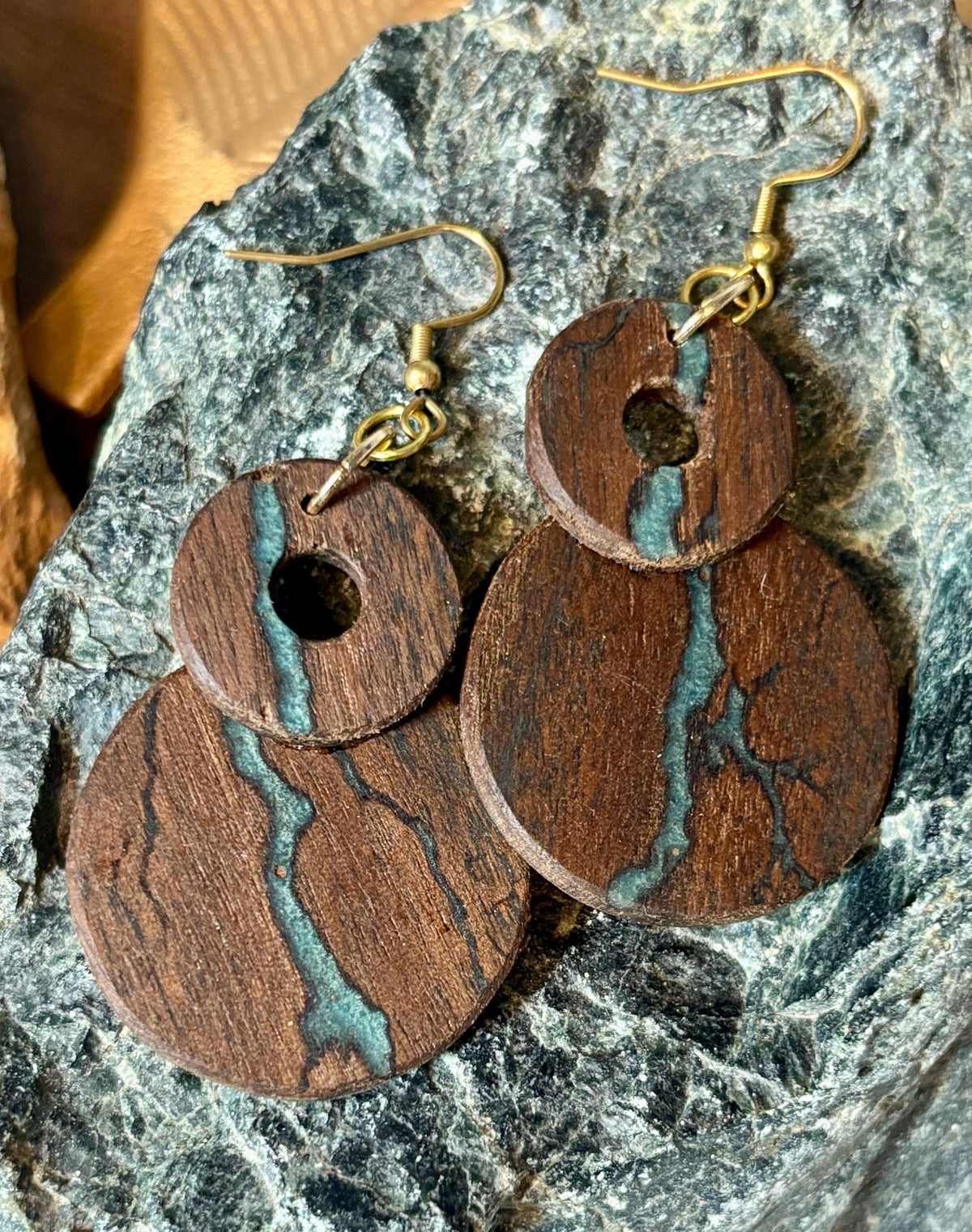 Black Walnut Dangle Earrings | Teal Resin Inlay Boho Wood