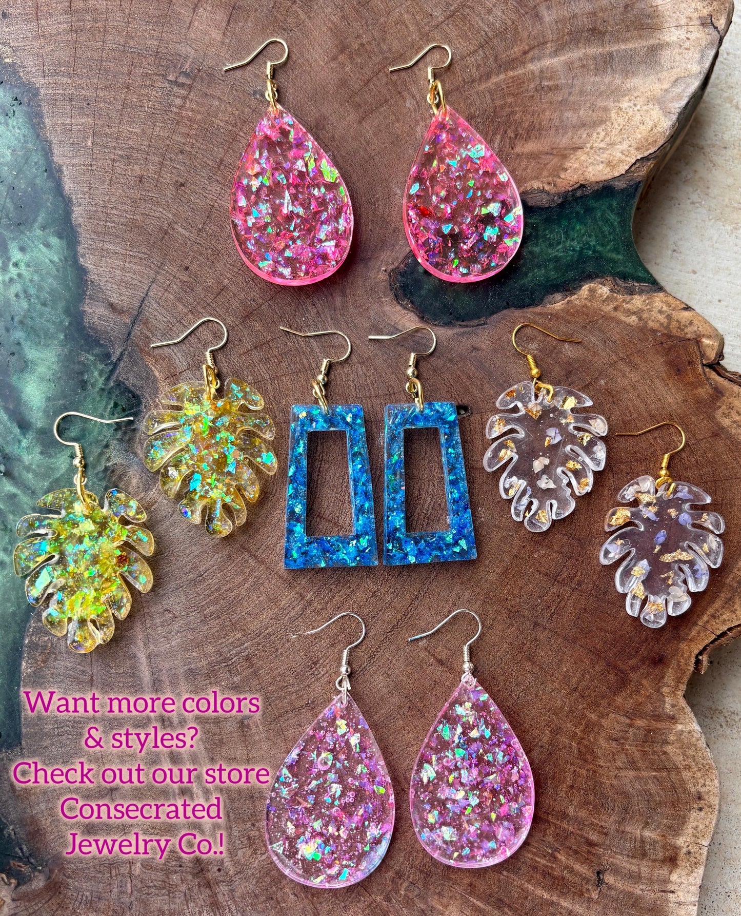 Handmade Glitter Resin Teardrop Earrings | Purple Pink Shimmer Earrings Consecrated Jewelry Co.