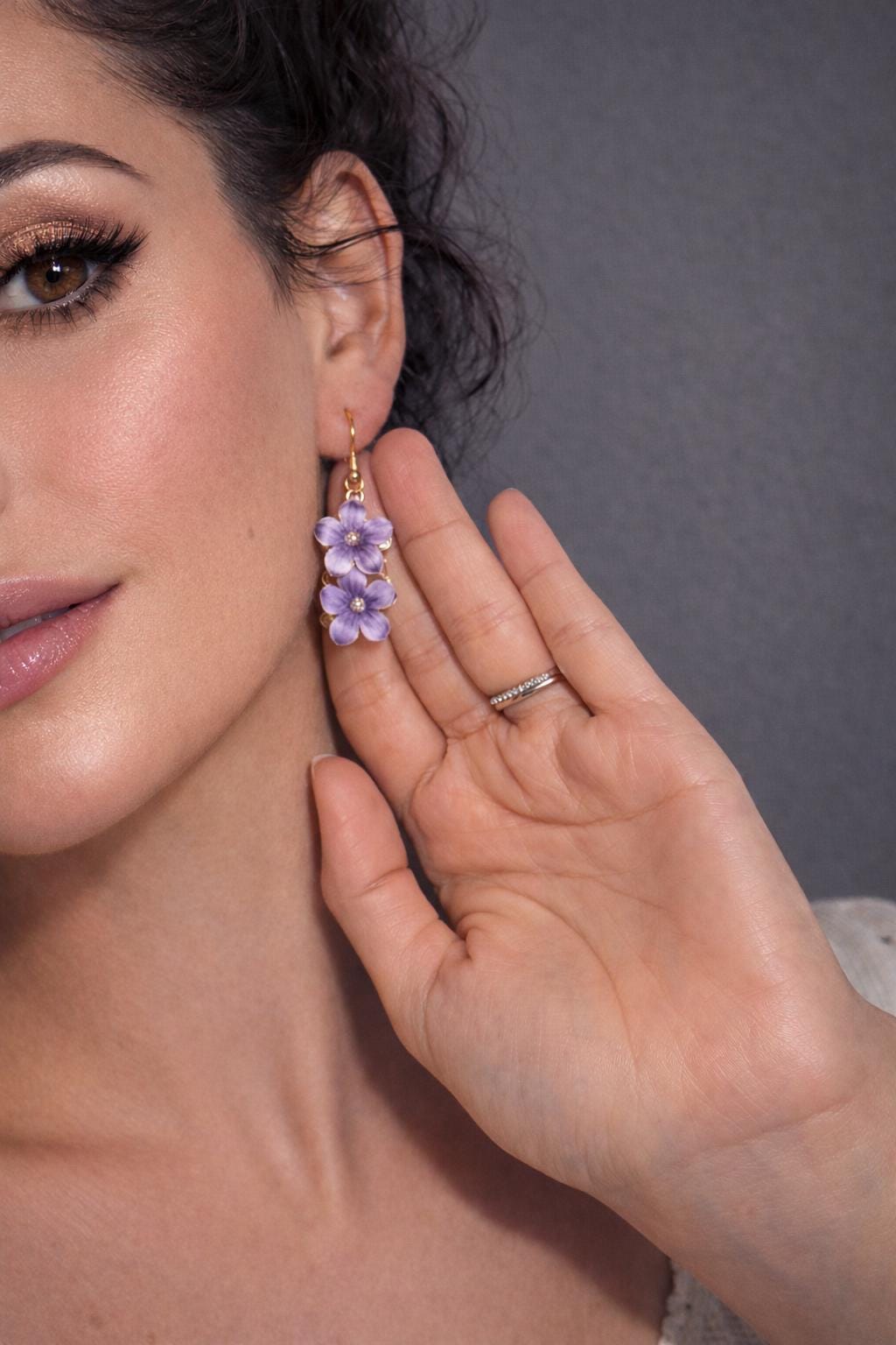 Gold Dangle Earrings | Purple Enamel Flower Botanical Earrings Consecrated Jewelry Co.