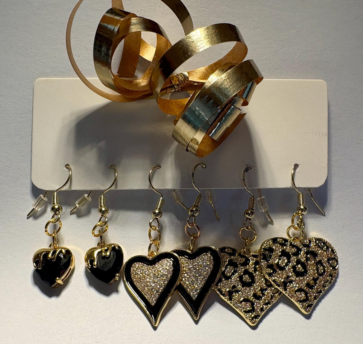 Gold & Black Heart Dangle Earrings | Leopard & Sparkling Accents