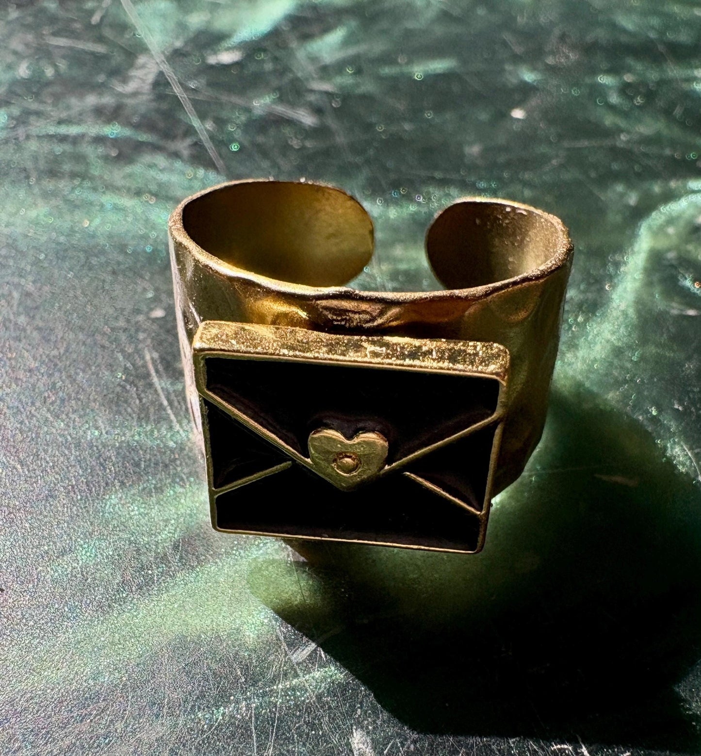 Black & Gold Envelope Ring | Hammered Band Love Letter Rings Consecrated Jewelry Co.