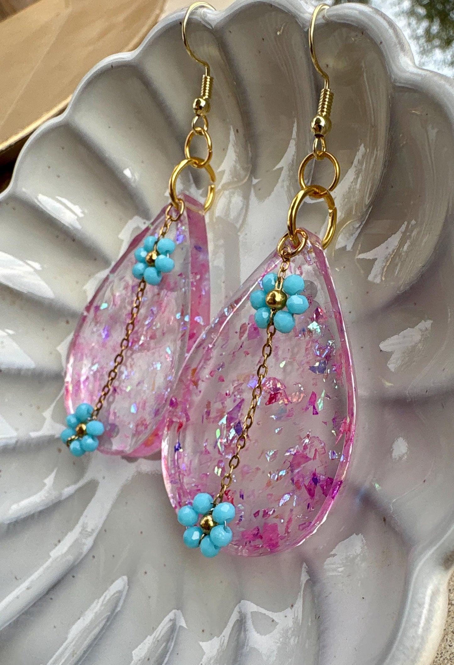 Tropical Leaf Dangle Earrings | Teal Blue Flower Gold Colorful Earrings Consecrated Jewelry Co.