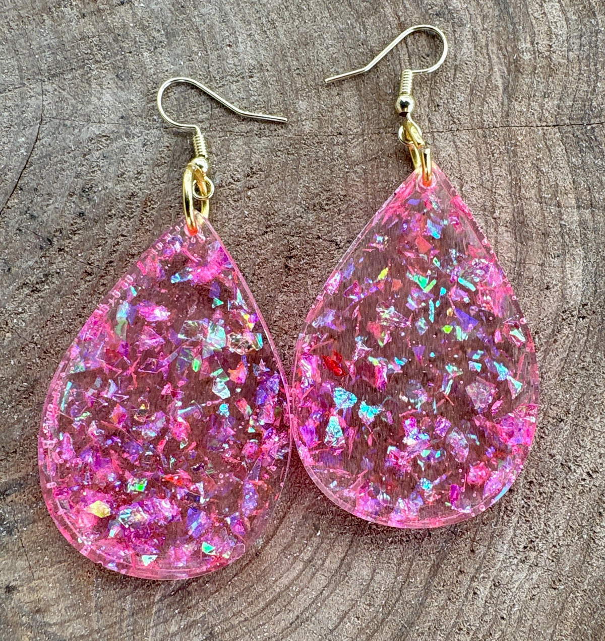 Handmade Pink Glitter Resin Teardrop Dangle Earrings | Shimmer