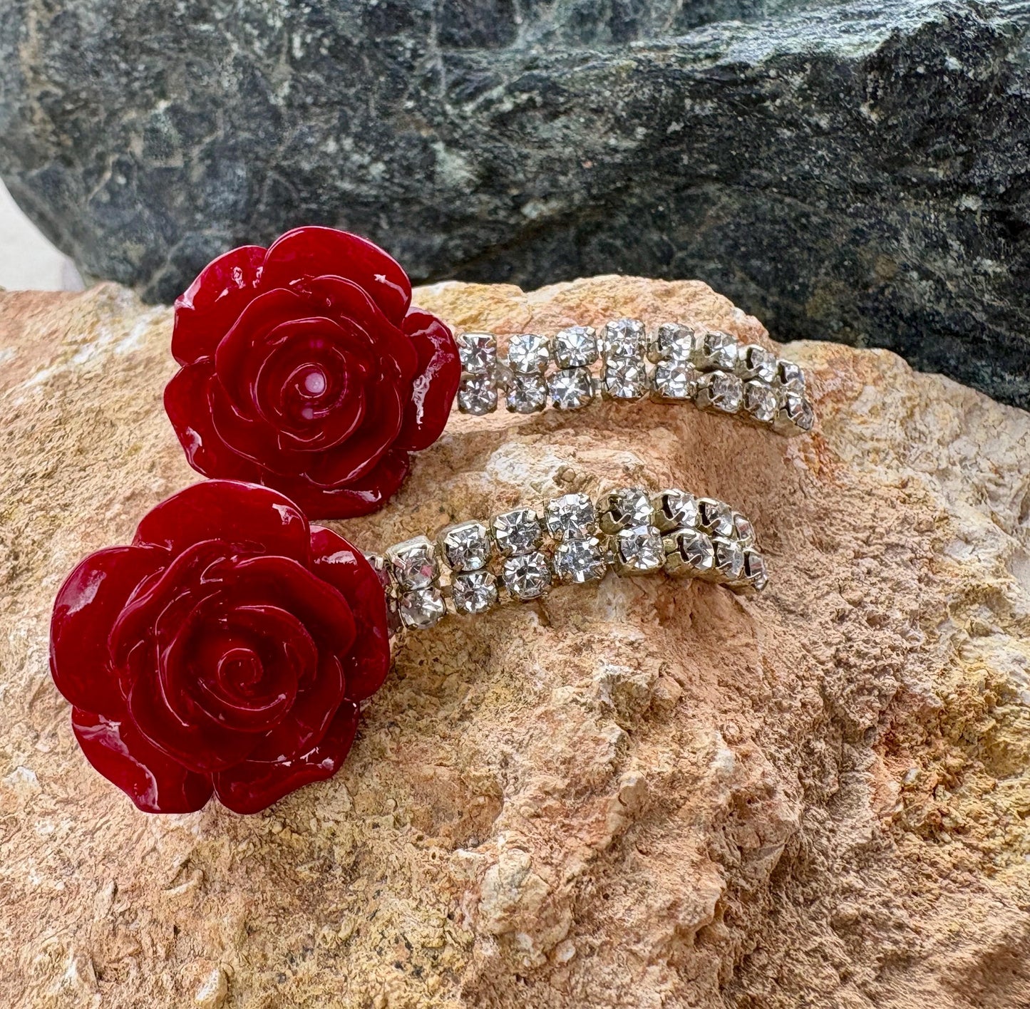 Red Rose Rhinestone Drop Earrings | Vintage Inspired Floral Statement Earrings Consecrated Jewelry Co.