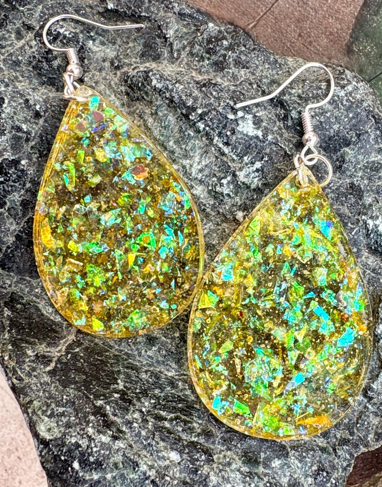 Handmade Yellow Glitter Resin Teardrop Dangle Earrings | Shimmer Earrings Consecrated Jewelry Co.