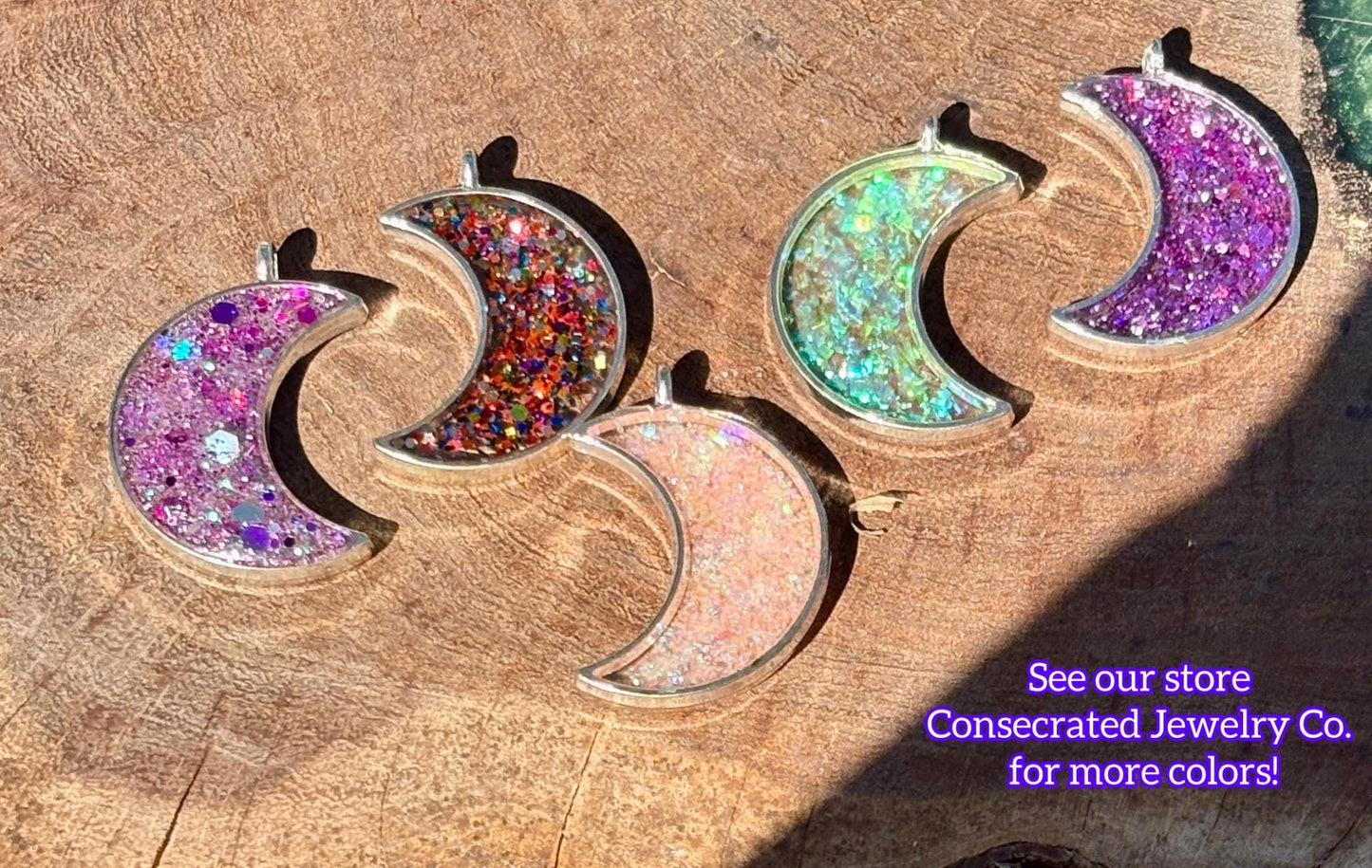 Purple Galaxy Glitter Crescent Moon Resin Necklace | Consecrated Jewelry Co. Necklaces Consecrated Jewelry Co.