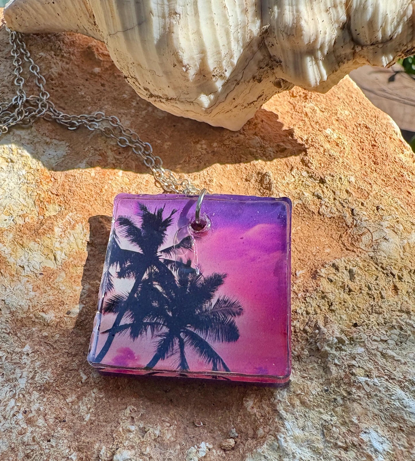 Palm Tree Resin Pendant Necklace, Vacation and Summer Jewelry, Beach and Tropical Accessory, Sunset