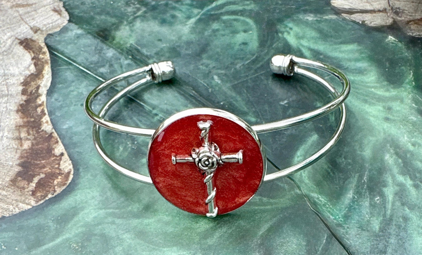 Handmade Red Resin Cross Bracelet, Silver Tone Open Cuff Bracelet, Nails and Rose Christian Jewelry, Boho Rustic Bracelet Gift