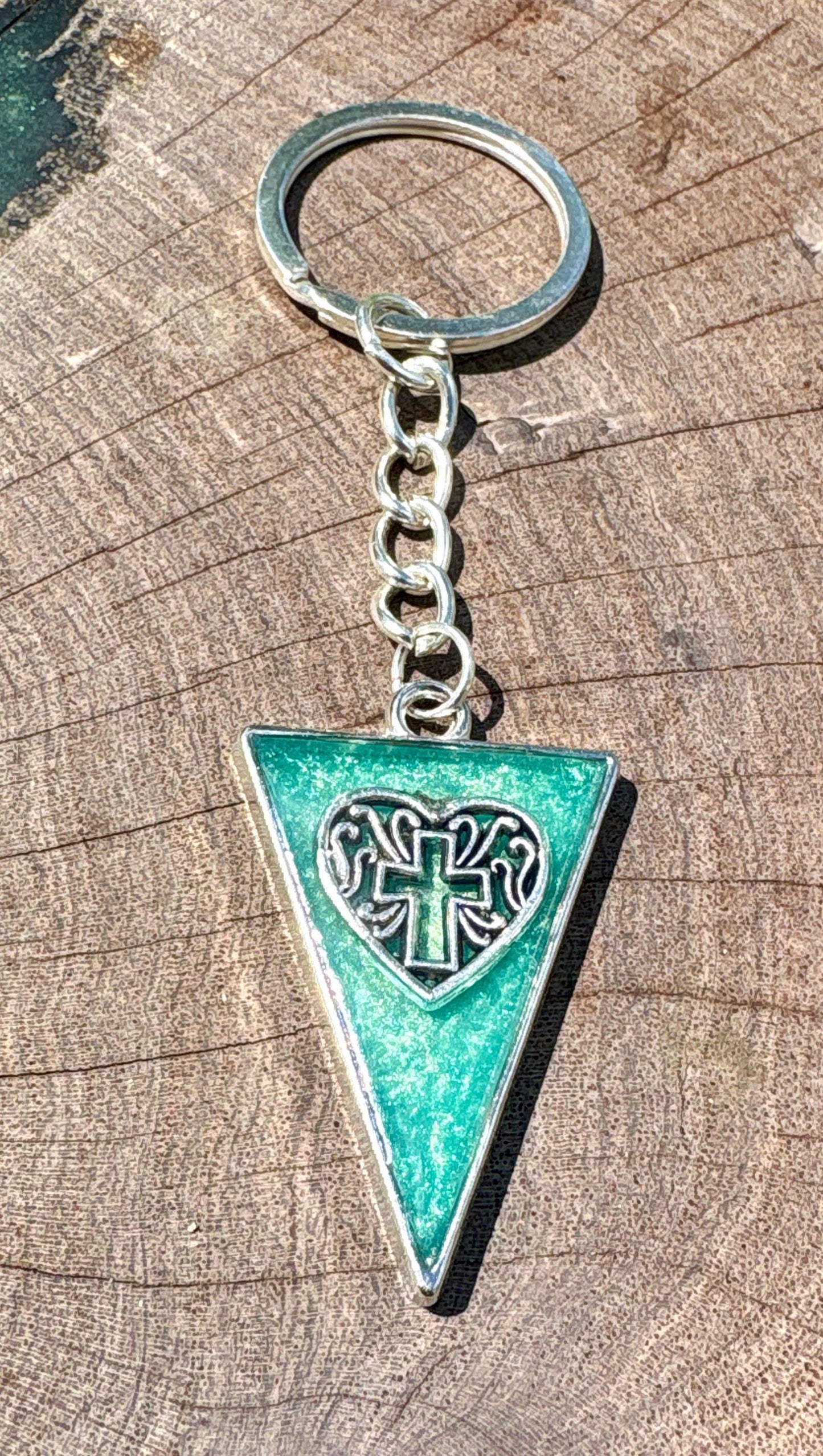 Handmade Turquoise Resin Cross Keychain, Silver Tone Bag Chain, Faith Inspired Christian Jewelry, Triangle Purse Accessory Gift