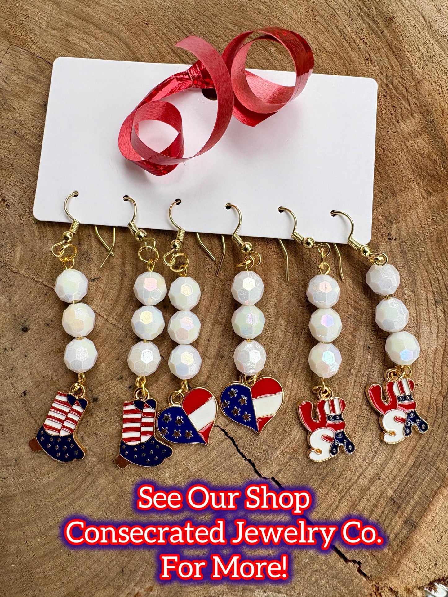 Handmade Patriotic USA Dangle Earrings, Red White Blue Beaded Jewelry