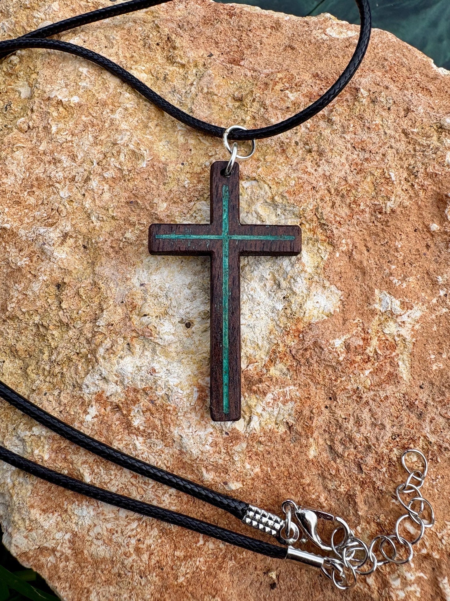 Handmade Black Walnut Cross Necklace, Turquoise Resin Inlay, Adjustable Cord, Christian Jewelry