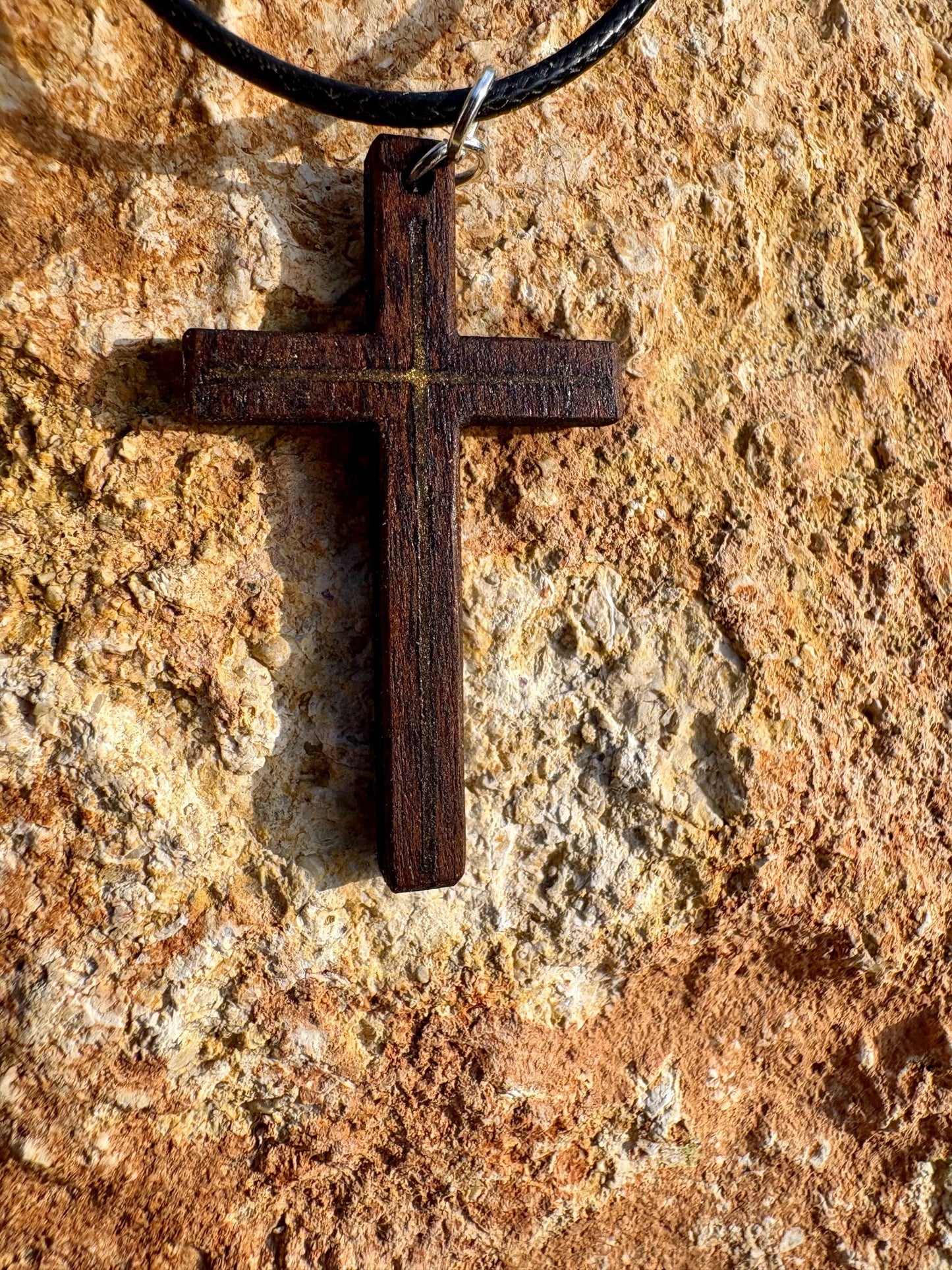 Handmade Black Walnut Cross Necklace, Gold Resin Inlay, Faith Accessory