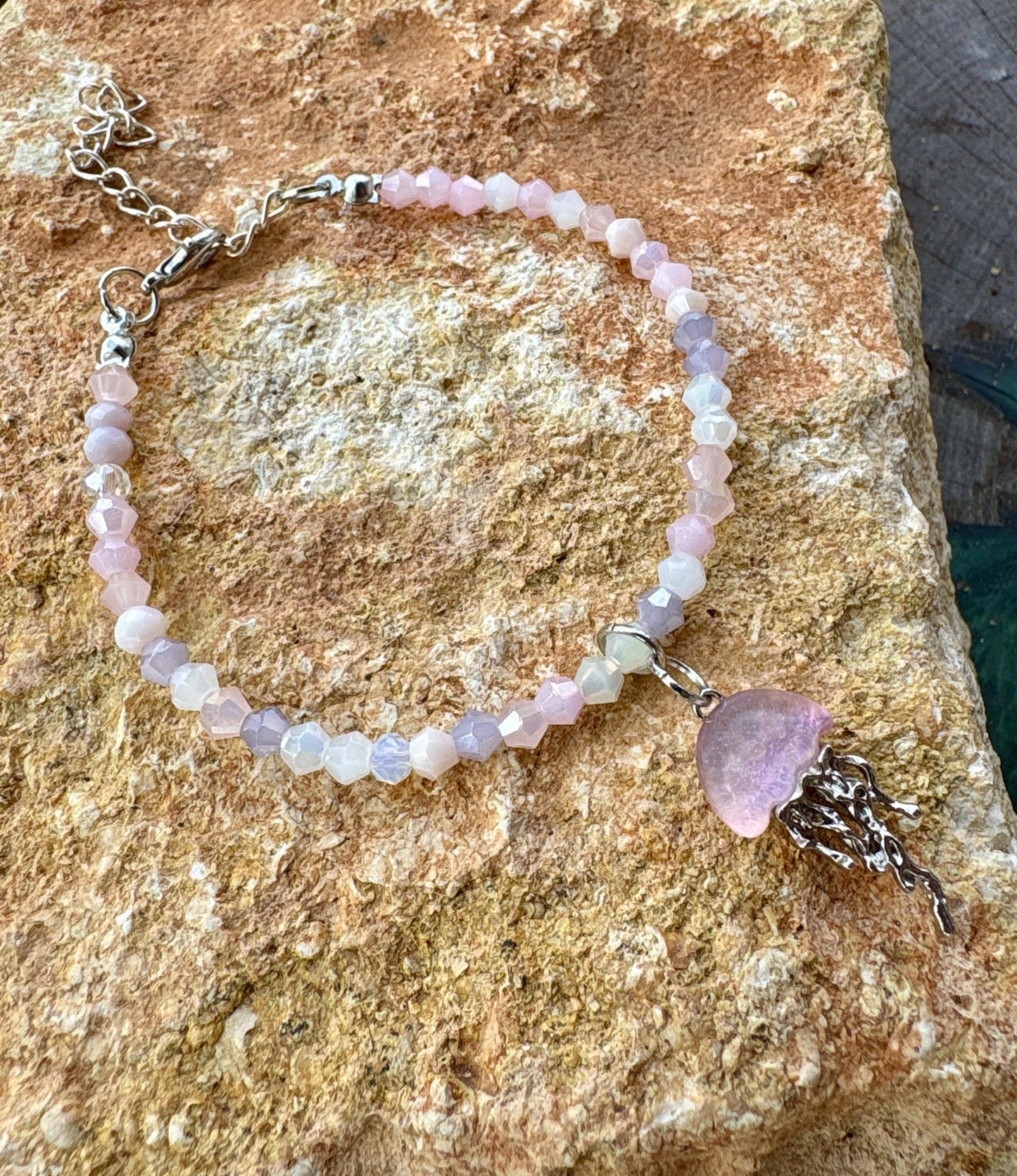 Handmade Purple and Pink crystal beaded bracelet with pink and silver jellyfish charm, beach jewelry, ocean lover, summer accessory Consecrated Jewelry Co.
