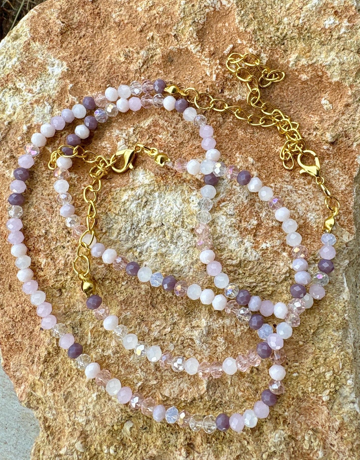 Matching Jewelry Set, Handmade Purple and Pink crystal beaded bracelet with matching necklace, gift set, spring and summer, jewelry pair Consecrated Jewelry Co.