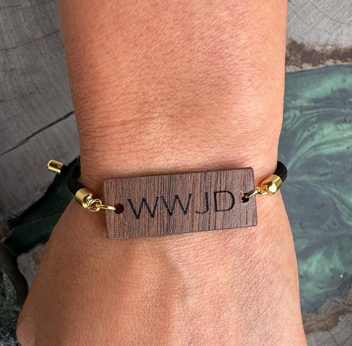 Black Walnut Christian Bracelet, WWJD Inlay, Adjustable Cord, Faith Jewelry, Jesus Cross Inspired, mens jewelry, gift for him, gift for her Bracelets Consecrated Jewelry Co.