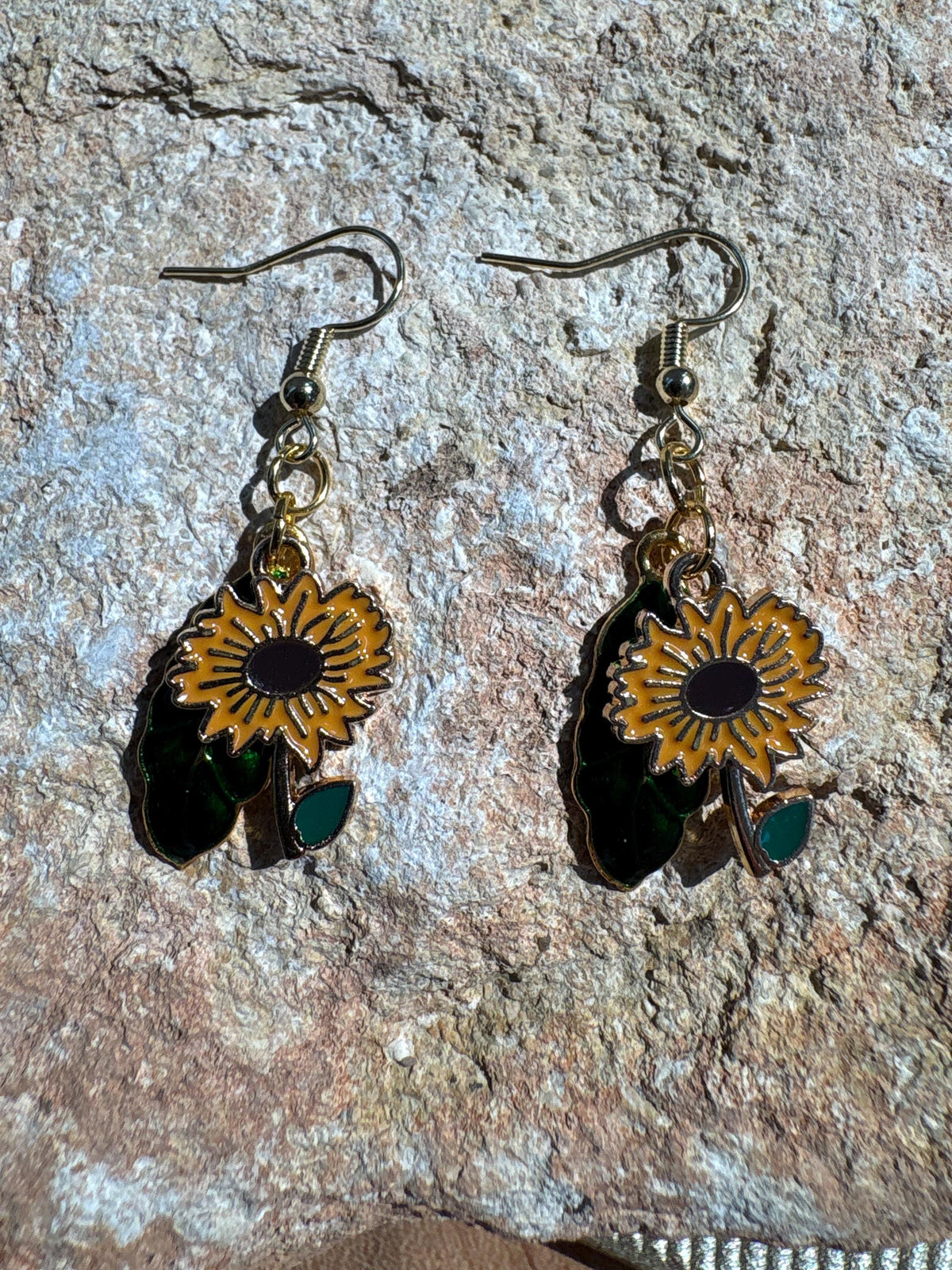 Sunflower Earrings, Green Leaf Dangle Earrings, Botanical Floral Jewelry, Nature Earrings, Garden Lover Gift for Her