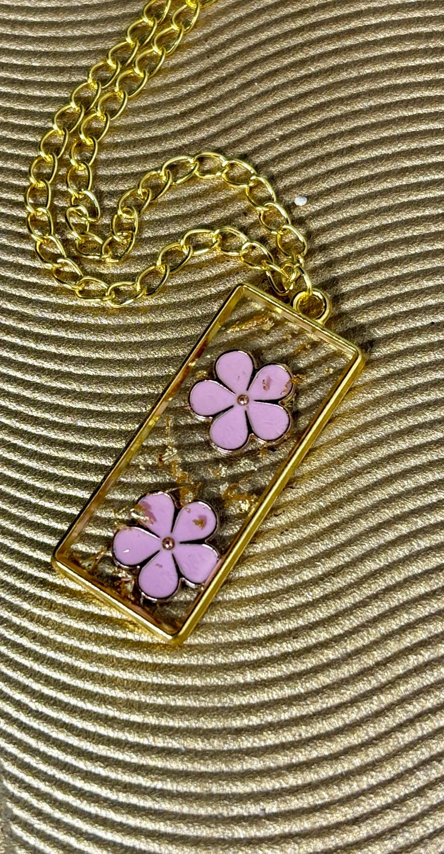 Pink Flower Charm Necklace, Gold Flake Resin Pendant Necklaces Consecrated Jewelry Co.