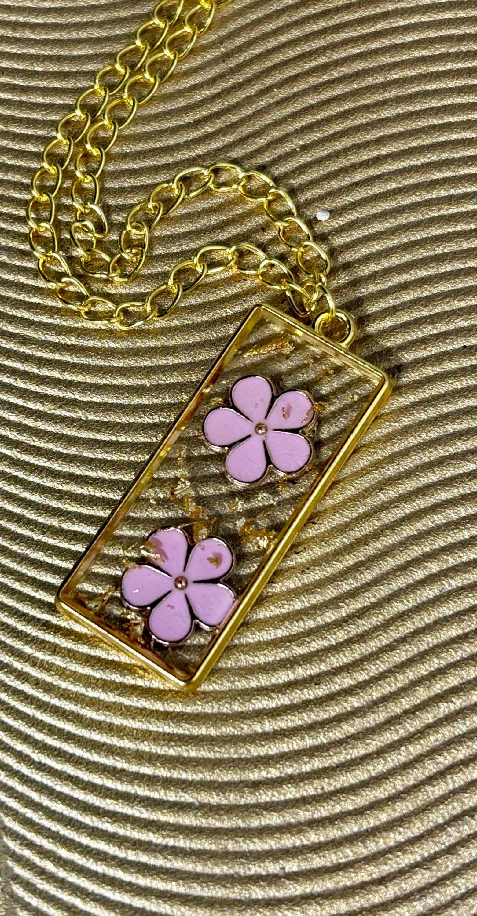 Pink Flower Charm Necklace, Gold Flake Resin Pendant Necklaces Consecrated Jewelry Co.
