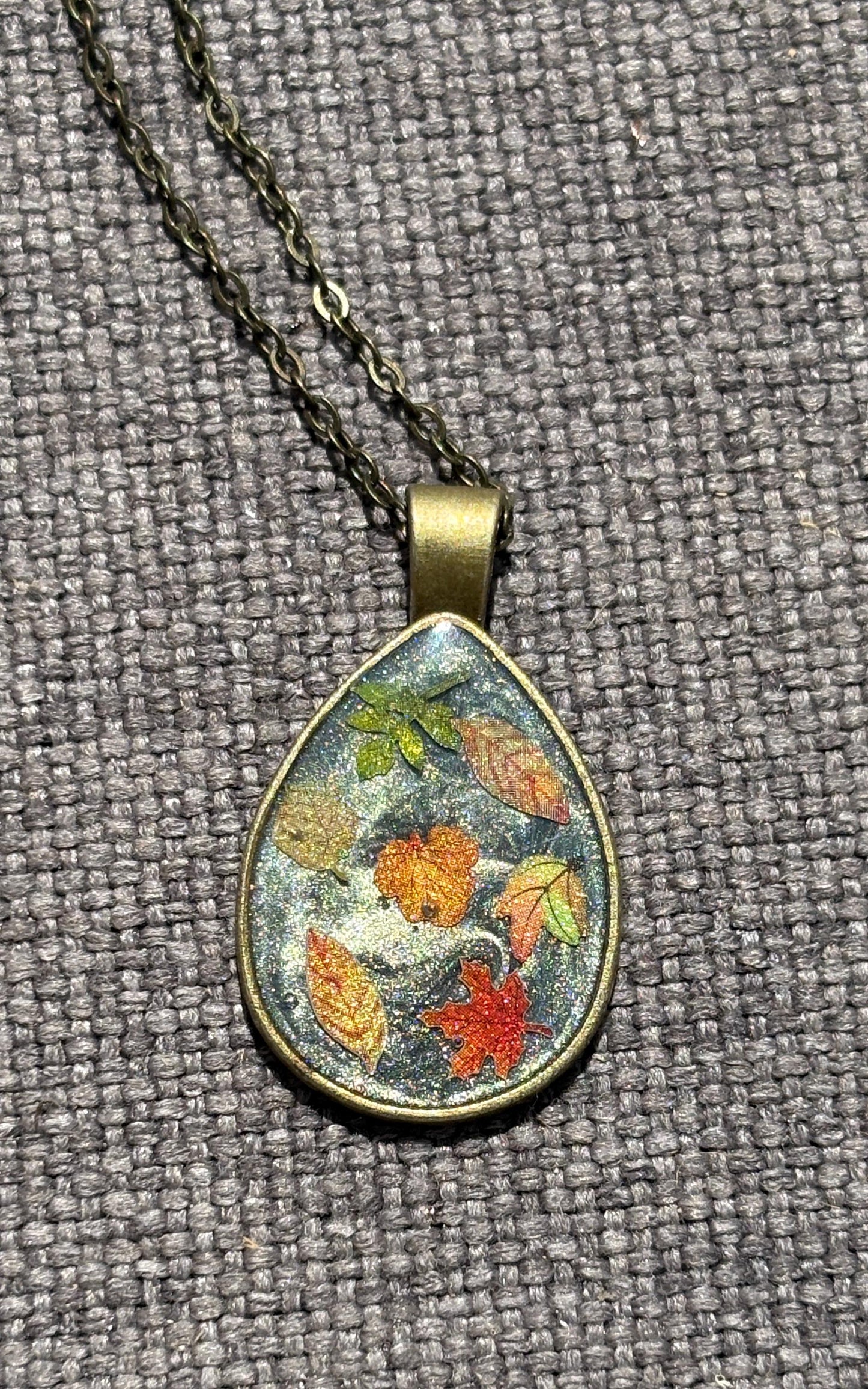 Fall Leaf Resin Necklace Brass Teardrop | Autumn Jewelry Necklaces Consecrated Jewelry Co.