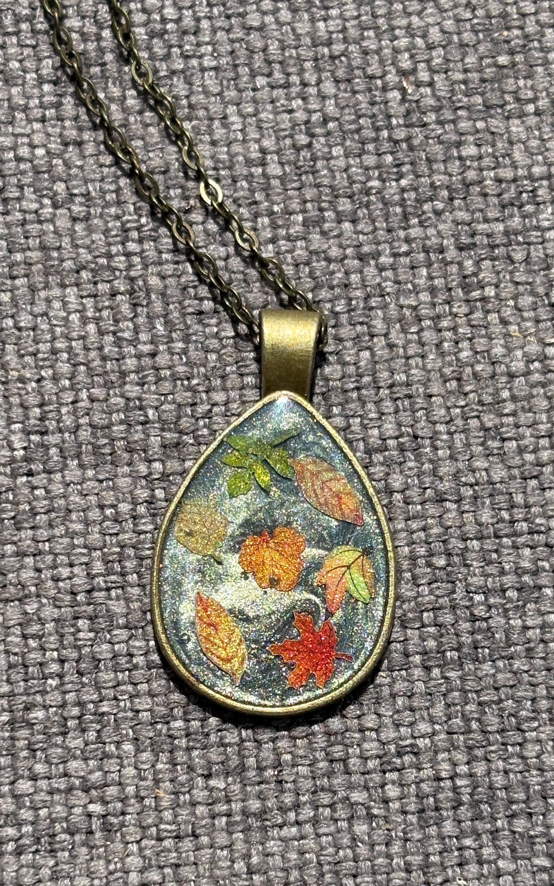 Fall Leaf Resin Necklace Brass Teardrop | Autumn Jewelry Necklaces Consecrated Jewelry Co.