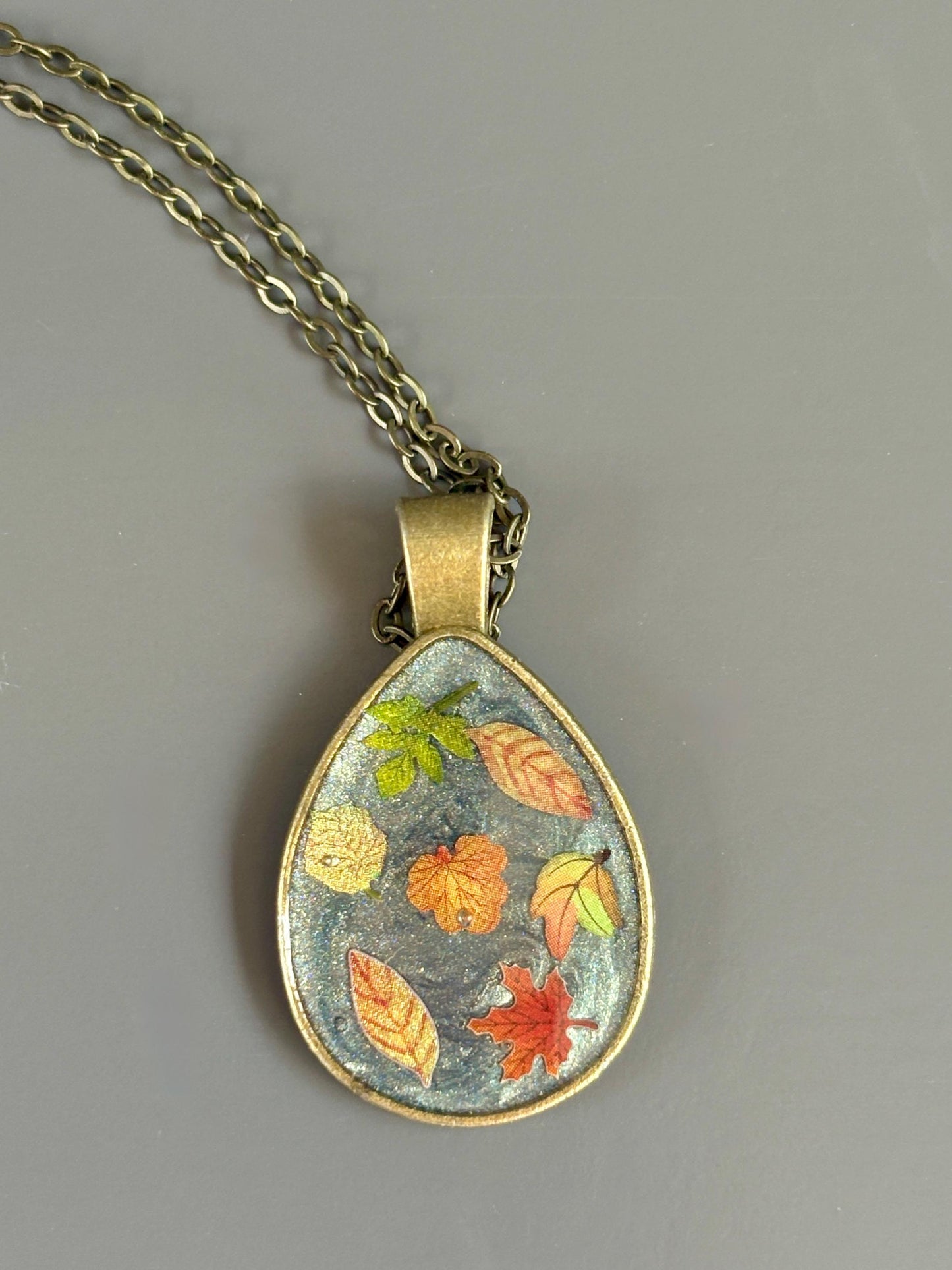 Fall Leaf Resin Necklace Brass Teardrop | Autumn Jewelry Necklaces Consecrated Jewelry Co.
