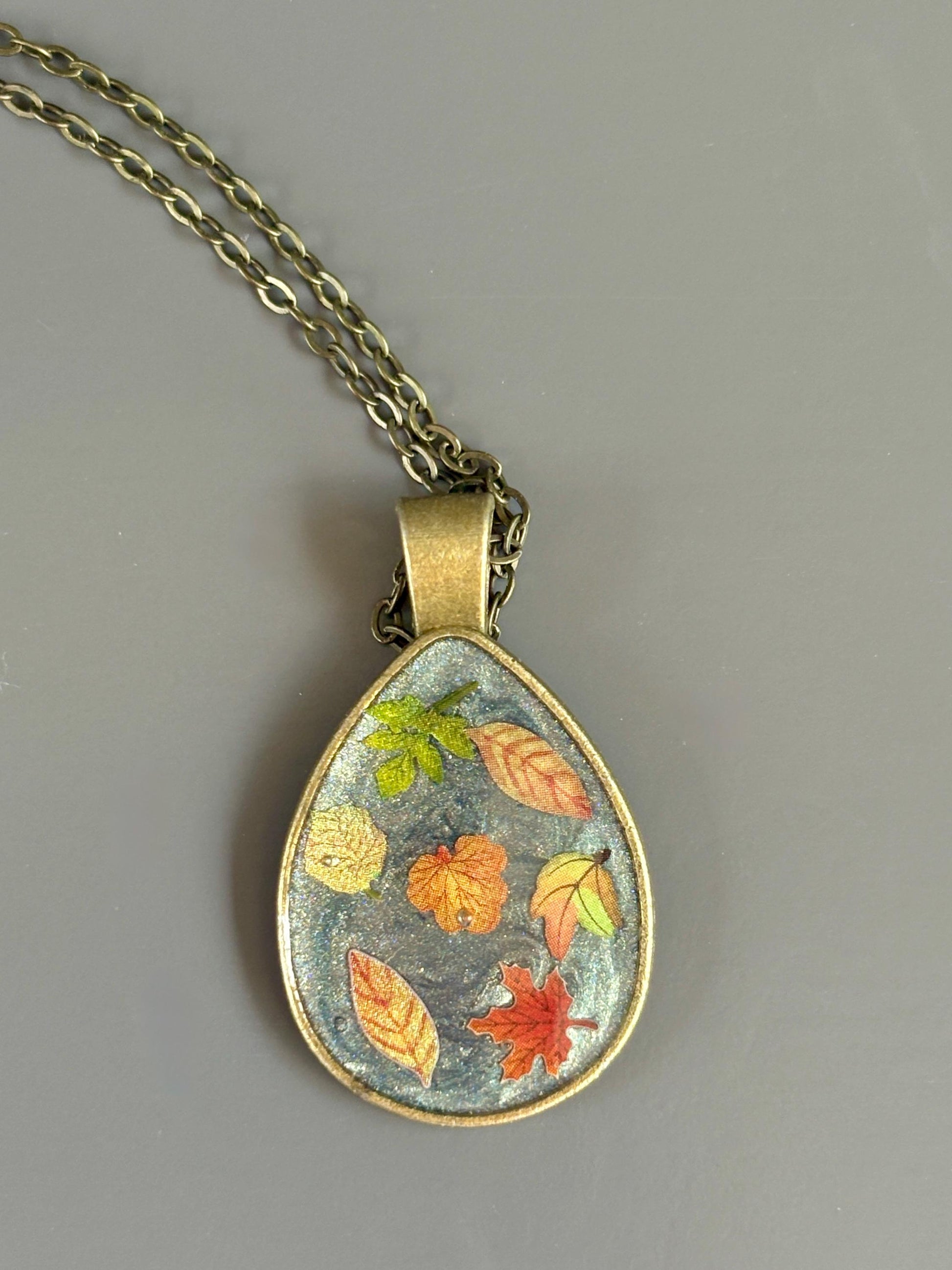 Fall Leaf Resin Necklace Brass Teardrop | Autumn Jewelry Necklaces Consecrated Jewelry Co.