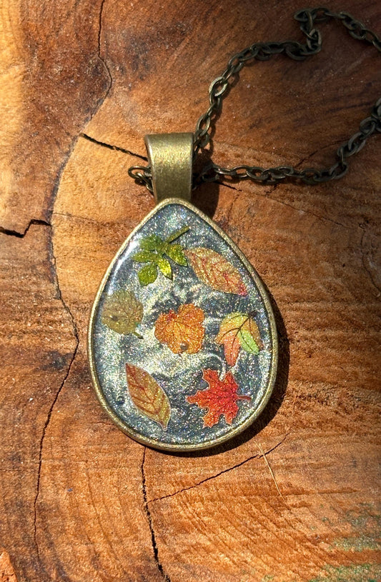 Fall Leaf Resin Necklace Brass Teardrop | Autumn Jewelry Necklaces Consecrated Jewelry Co.