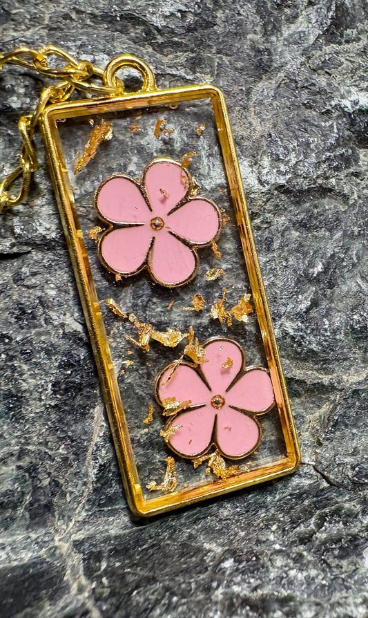 Pink Flower Charm Necklace, Gold Flake Resin Pendant Necklaces Consecrated Jewelry Co.