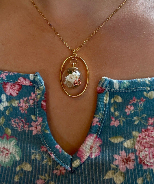 Terrarium Necklace Gold Globe Dried Flowers | Botanical Gift Necklaces Consecrated Jewelry Co.