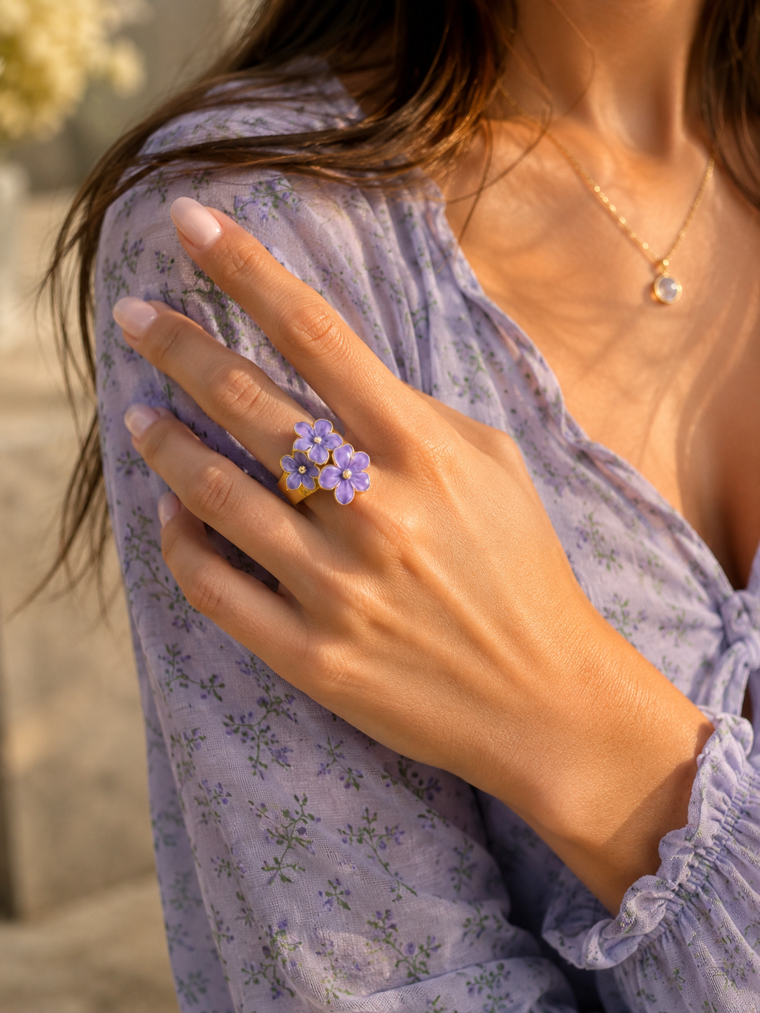 Gold Purple Flower Ring | Lavender Plum Floral