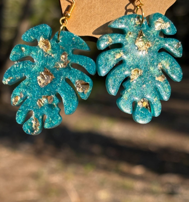 Monstera Leaf Resin Earrings: Teal Green with Gold Flakes Bold Dangle Earrings Earrings Consecrated Jewelry Co.