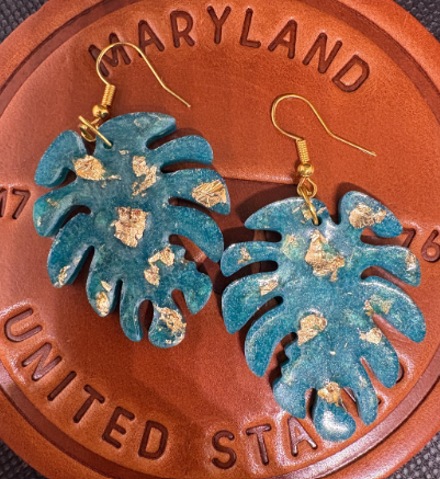 Monstera Leaf Resin Earrings: Teal Green with Gold Flakes Bold Dangle Earrings Earrings Consecrated Jewelry Co.