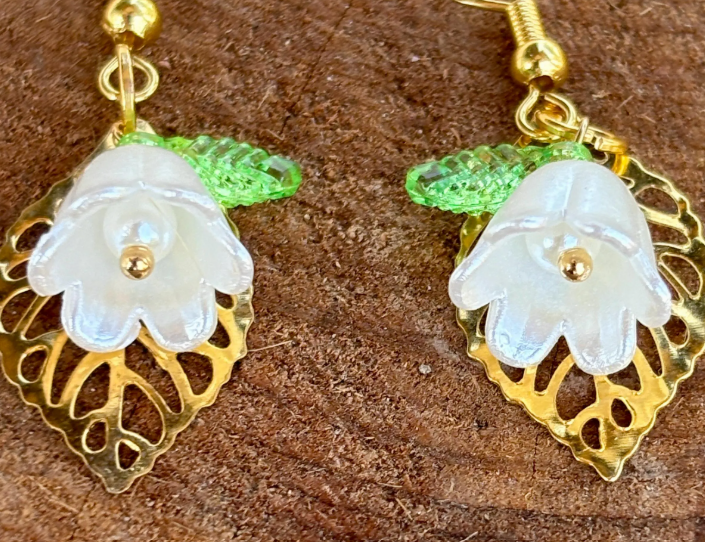 White Flower Dangle Earrings Gold Leaf | Fairy Cottagecore Earrings Consecrated Jewelry Co.