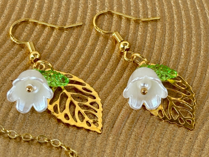 White Flower Dangle Earrings Gold Leaf | Fairy Cottagecore Earrings Consecrated Jewelry Co.
