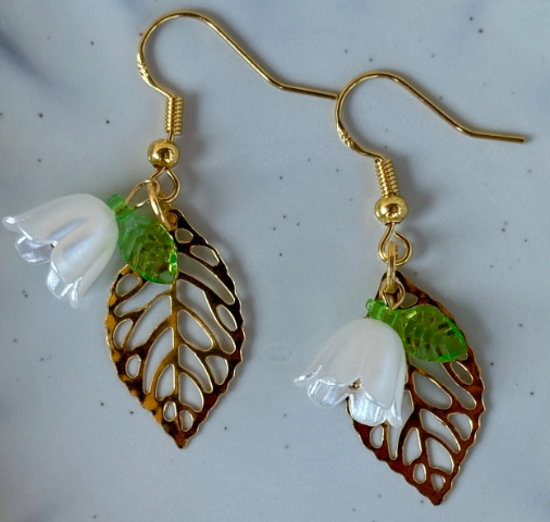 White Flower Dangle Earrings Gold Leaf | Fairy Cottagecore Earrings Consecrated Jewelry Co.