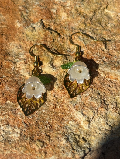 White Flower Dangle Earrings Gold Leaf | Fairy Cottagecore Earrings Consecrated Jewelry Co.