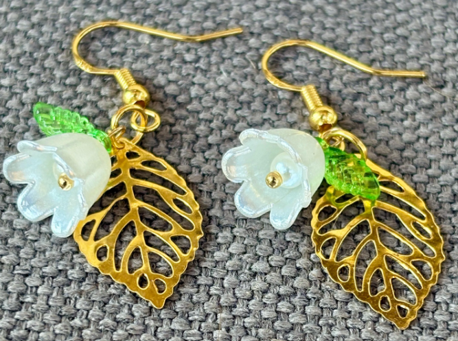 White Flower Dangle Earrings Gold Leaf | Fairy Cottagecore Earrings Consecrated Jewelry Co.