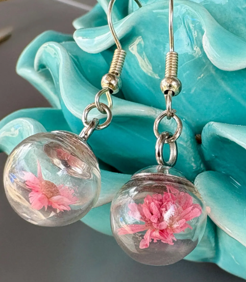Real Dried Pink Wildflower Earrings: Glass Globe Terrarium, Silver Dangle earrings Earrings Consecrated Jewelry Co.