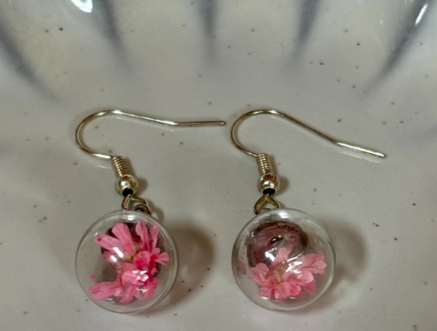 Real Dried Pink Wildflower Earrings: Glass Globe Terrarium, Silver Dangle earrings Earrings Consecrated Jewelry Co.