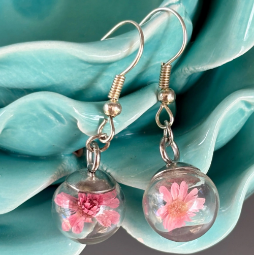 Real Dried Pink Wildflower Earrings: Glass Globe Terrarium, Silver Dangle earrings Earrings Consecrated Jewelry Co.