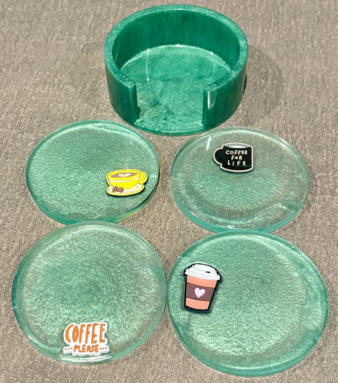 Handmade Coffee themed Resin Coasters: Sea Green and Cafe Latte Art, Set of 4 Coasters Consecrated Jewelry Co.